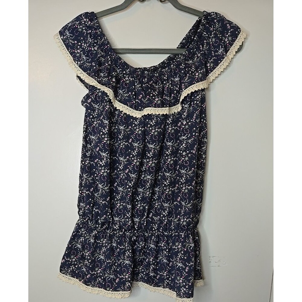 Wish Navy Floral Off-Shoulder Lace Trim Smocked Peplum Blouse Coquette Sz L